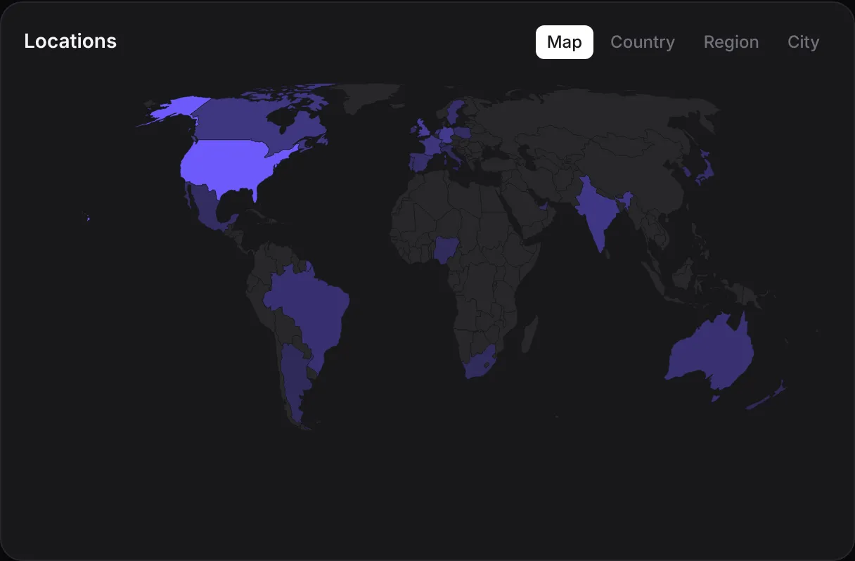 World map of visitors shaded by country.
